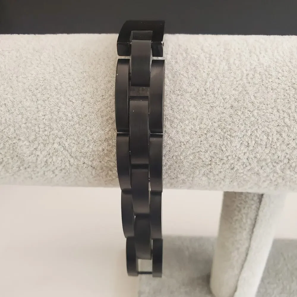 Mens Matte Black Stainless Steel Link ID Bracelet 7.75 Inch Industrial‎ Sleek